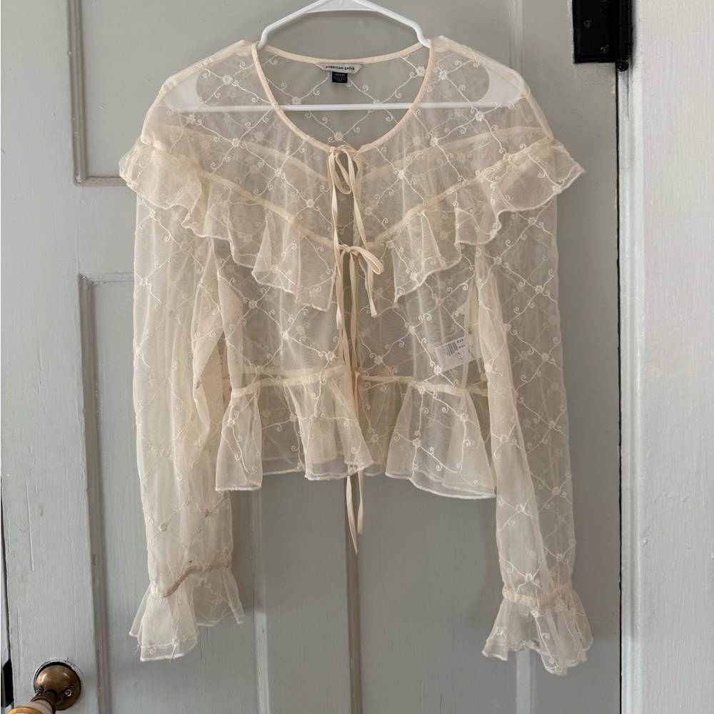 American Eagle Outfitters Cream Sheer Ruffle Blouse